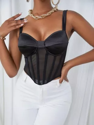 SHEIN BAE Black Lace & Satin Panel Boned Corset Top With Bustier