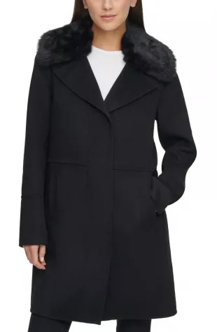 Wool Blend Coat With Removable Faux Fur Collar