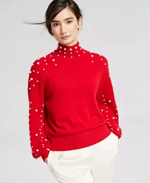 Cashmere Imitation-Pearl Embellished Mock-Neck Sweater