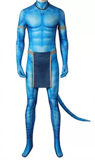 Jake Sully Cosplay Tights Bodysuit with Tail Jumpsuit Men Avatars The Way Water Halloween Carnival Playsuit(Blue, X-Large)