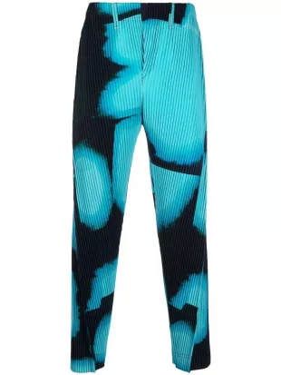 Abstract-Pattern Plissé-Effect Trousers