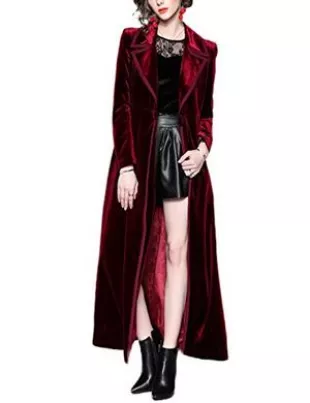 Women's Slim Notch Lapel Long Vintage Velvet Trench Coat Dress