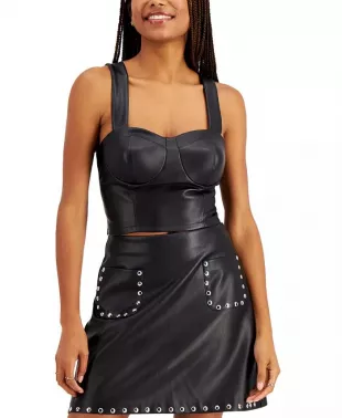 Cropped Faux-Leather Bustier Top