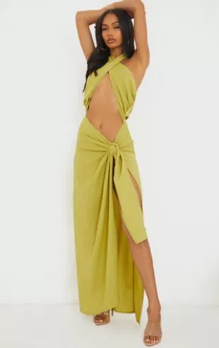 Olive Woven Ring Detail Cut Out Dress