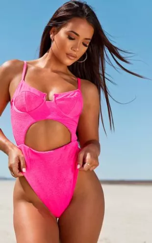 Neon Pink Mini Crinkle Underwired Cut Out Swimsuit