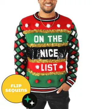Tipsy Elves Naughty or Nice Ugly Christmas Sweater worn by Ryan Seacrest as  seen in LIVE with Kelly and Ryan on December 16, 2022