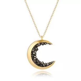 Gold Plated Crescent Moon Encrusted with Black Crystals Jewels Long Necklace