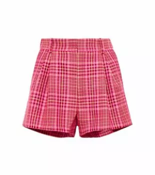 Checked Wool Blend High Rise Shorts