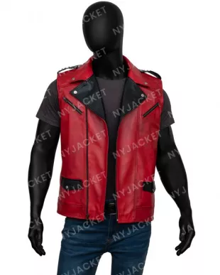 Mens Studded Spikes Red Leather Motorcycle Biker Vest