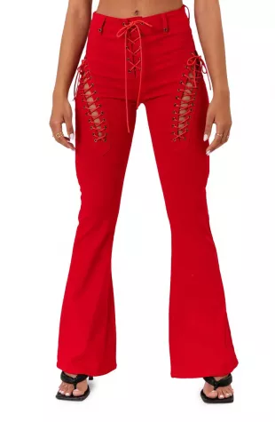 Edikted - Engine Red Lace Up High Waist Flare Jeans