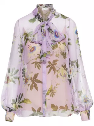 Sheer Passionflower & Tie-Neck Blouse