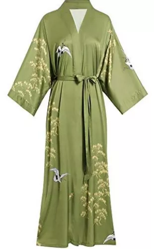 Long Floral Kimono in Olive Birds
