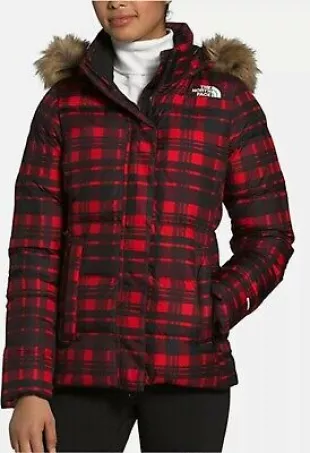 The North Face Gotham Zip Front Plaid Puffer Jacket with Faux Fur Trimmed Hood S  | eBay
