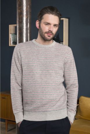 Pull col rond tricoté dans un jacquard fantaisie beige imprimé