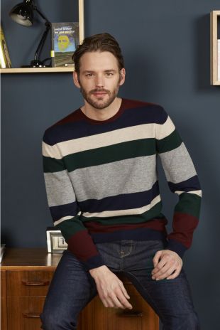 Pull col rond rayures color block rouge rayures