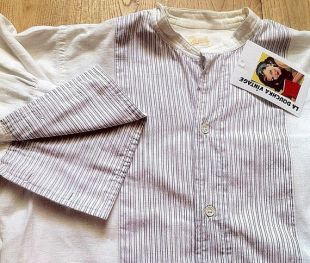 French 1920s Vintage Men French Cuffs Long Shirt   High Quality White Cotton & Purple Stripes   Mint   S