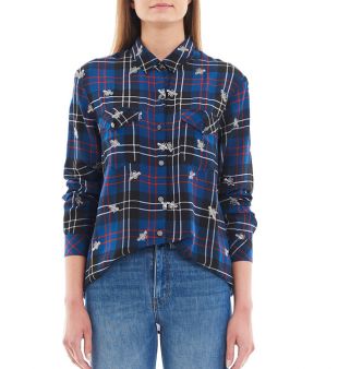 Chemise en soie à carreaux et broderies abeilles .