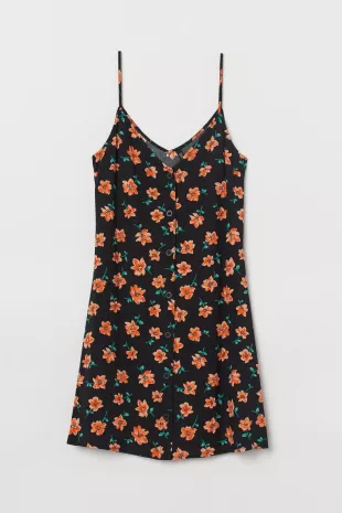 Black and Orange Printed Dress with Buttons