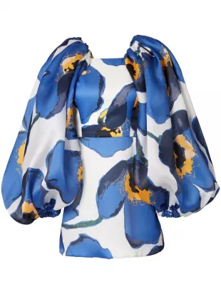Floral Balloon Long Sleeve Silk Minidress