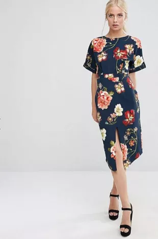 Wiggle Dress in Navy Large Scale Floral Print