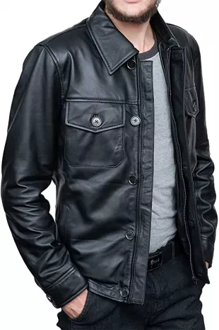 Shirt Collar Leather Jacket | Trucker Leather Jackets for Men
