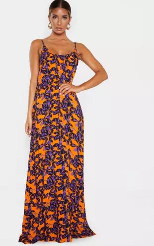 prettylittlething - Orange Shadow Leaf Low Back Oversized Maxi Beach Dress