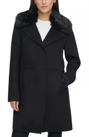 Wool Blend Coat with Removable Faux Fur Collar