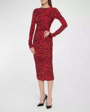 Leopard Print Ruched Midi Dress