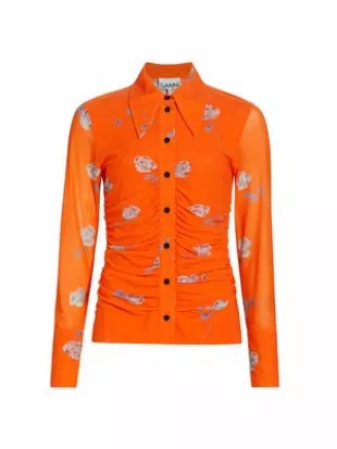 Ruched Floral Mesh Shirt