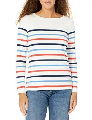 Women's T-Shirt, Cream Navy RED Blue Stripe