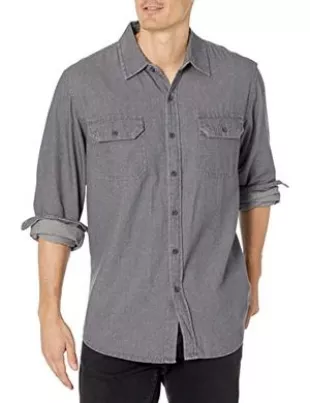 Authentics Men's Long Sleeve Classic Woven Shirt, Grey, Large