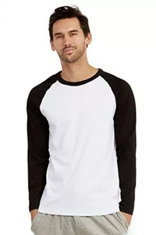 Men's Full Length Sleeve Raglan Cotton Baseball Tee Shirt (M, Black/White)