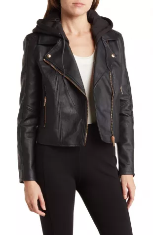 Faux Leather Hooded Crop Moto Jacket