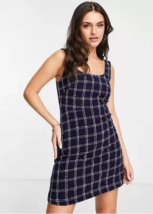 Tweed A Line Mini Dress In Navy Check Print