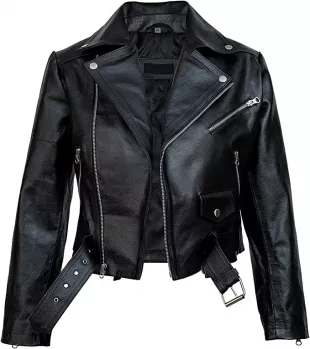 Black Ladies Cropped Leather Biker Jacket | Women's Zipper Front Casual Real Leather Cropped Jacket
