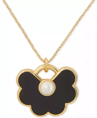 Gold-Tone Black Flower Imitation Pearl Pendant Necklace