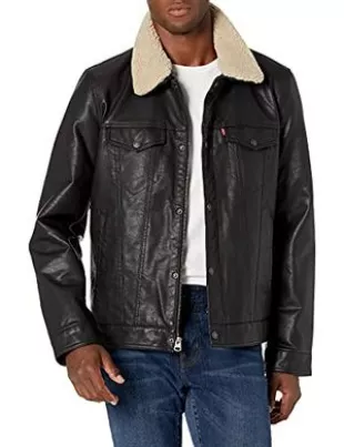Sherpa Lined Trucker Faux Leather Jacket, Black/Quilted Lining