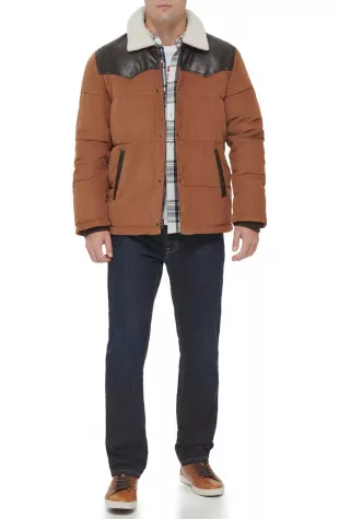 Yellowstone Western Corduroy Puffer Jacket with Faux Shearling & Faux Leather Trim