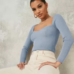 Blue Square Neck Sweetheart Knit Top