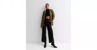 Khaki Leather-Look Oversized Blazer