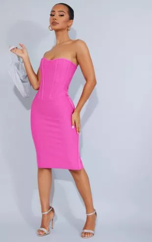 Petite Hot Pink Bandage Corset Detail Bodycon Dress