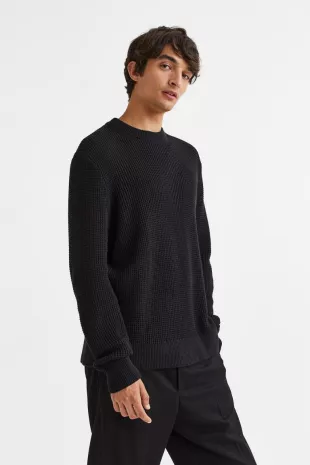 Regular Fit Waffle-knit Sweater - Black