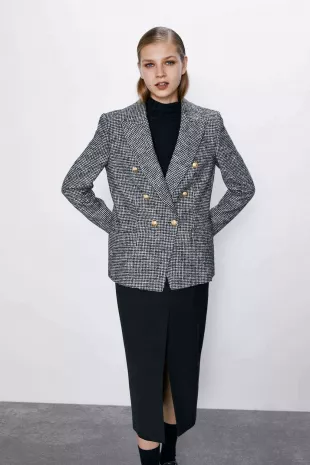 Grey Houndstooth Double Breasted Jacket Blazer