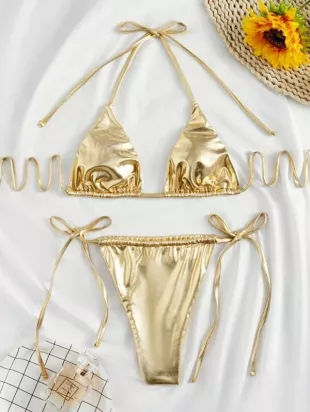 Metallic Micro Triangle Thong Bikini Swimsuit