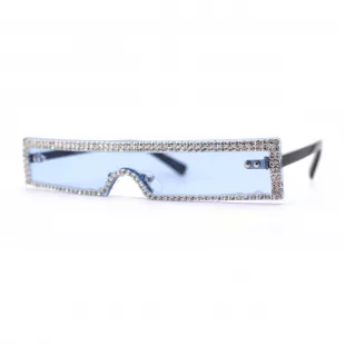 Luxury Heavy Rhinestone Rim Trim Thin Shield Rimless Cyclops Sunglasses