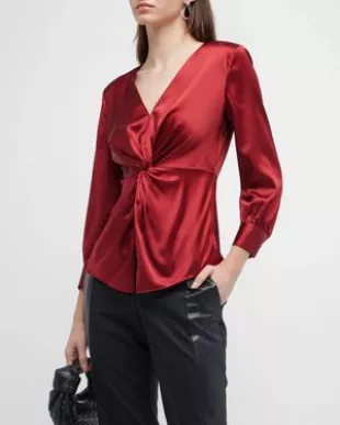 Long-Sleeve Twisted-Front Satin Blouse