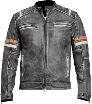 Men's Vintage Cafe Racer Retro Distressed Leather Motorcycle Jacket (3X-Large - for Chest 50-52) Grey