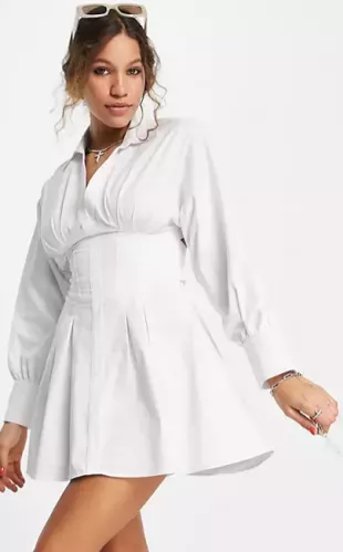 Lace Up Back Shirt Dress in White