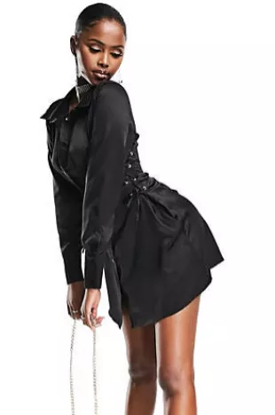 Satin Shirt Dress with Lace-up Sides in Black