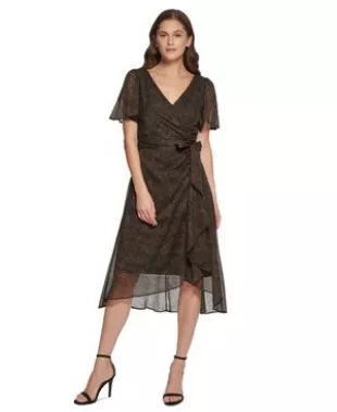 Printed Flutter-Sleeve Midi Dress